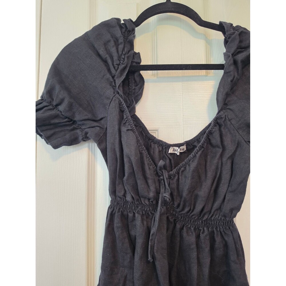 Reformation Channa 100% Linen Puff Sleeve Babydoll Mini Dress Black Size Large - Picture 5 of 8